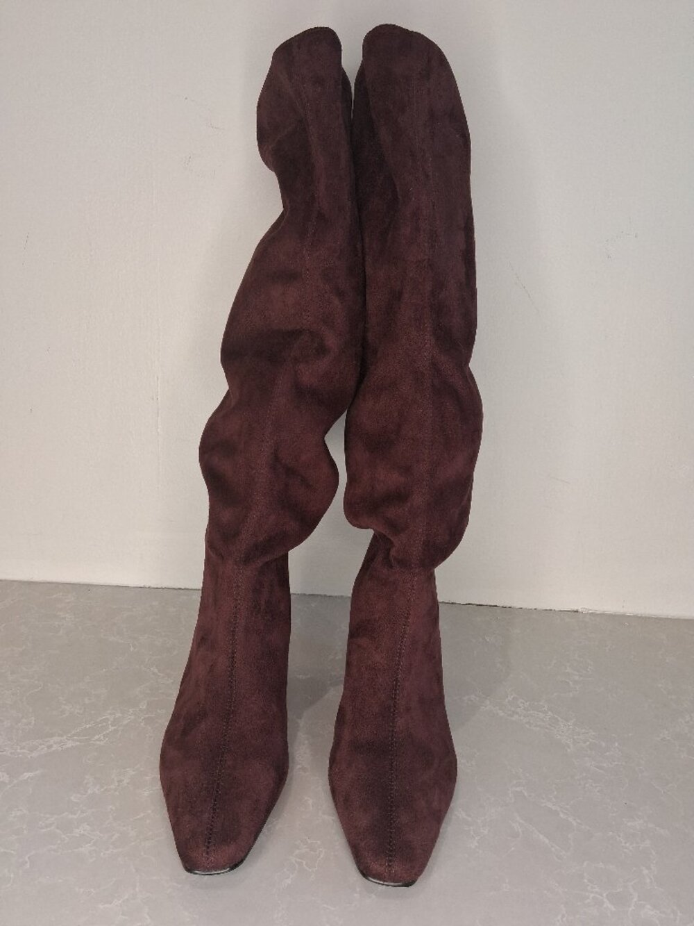 Maroon Suede Calf Boots Heels, Size 8